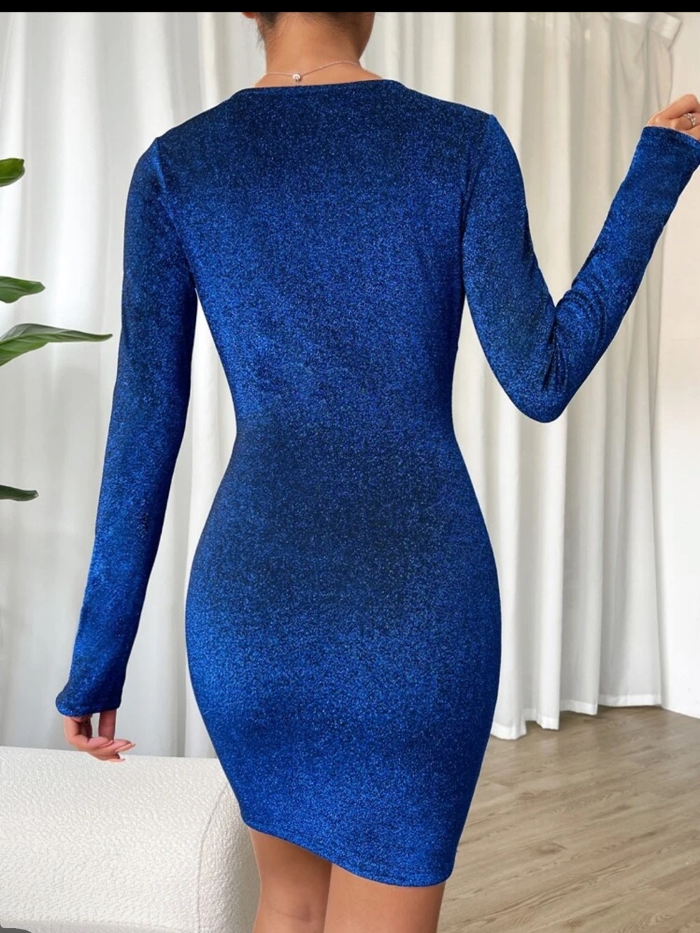 SHEIN Royal Blue Sparkle Twist-Front Long-Sleeve Mini Dress - Picture 2 of 2